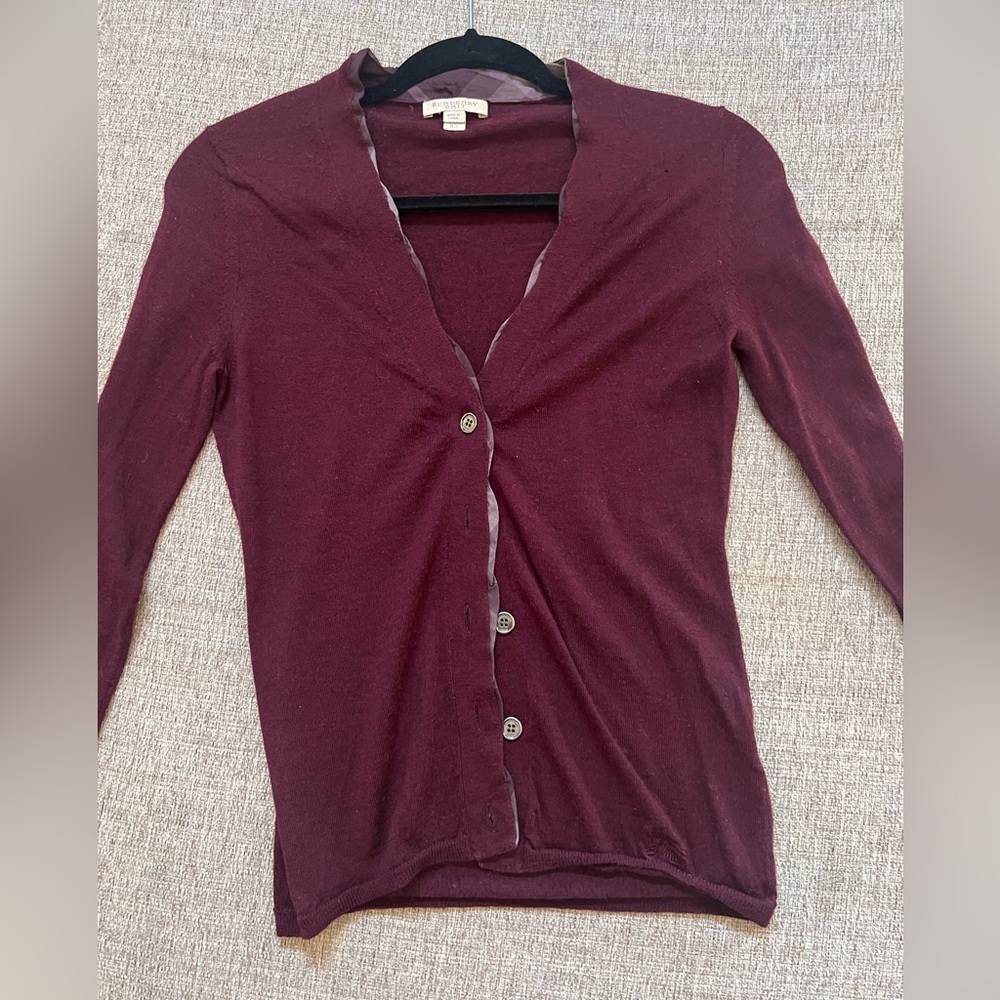 Burberry Brit Merino Wool Purple w Nova Check Trim V Neck Cardigan Sweater